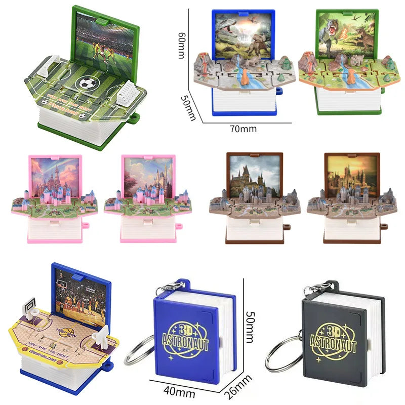 3D Stereoscopic Dinosaur Folding Bomb Book Mini Keychain Space Astronaut Puzzle Castle Decompress Creative （Random Background）